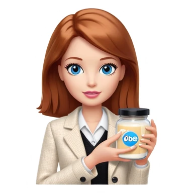 A Barbie girl with blue eyes, shoulder-length reddish-brown hair, made-up, in a white tweed jacket and black skirt, holding a jar of pale beige face cream sticker