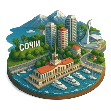 Изометричная, яркая, детализированная и фотореалистичная иллюстрация панорамы города Cочи на круглой подставке в стиле 3D-коллажей городов, чёткие линии, слегка мультяшная стилистика, прозрачный фон, не обрезать края картинки sticker