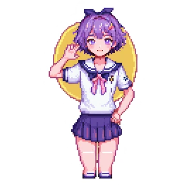 Pixel art anime schoolgirl with short bright purple hair in Japanese sailor uniform, standing with one hand on hip trying to look brave but shyly waving with pink blush across face sticker