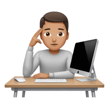 emoji of a man sitting at the table with an imac on it, a man is sitting in a very thoughtful pose, he has his hands on the table and his head resting on them sticker