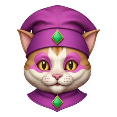 court jester cat medieval, single poker card joker clearly visible, pink, face only, round badge,  court jester cap sticker