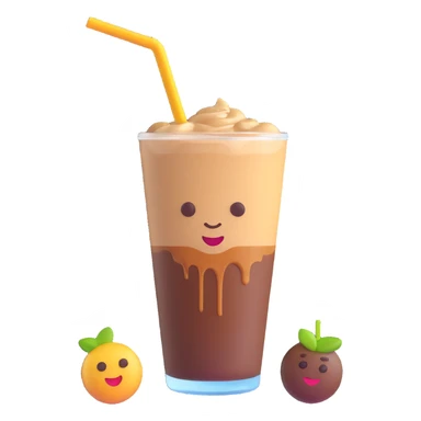 A 3D style emoji of Vietnamese iced coffee with a glass, straw, and a coffee drop on the glass, emphasizing the straw and the coffee drips. sticker