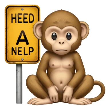 Sad Monkey sitting beside a 'heed nelp 🥺' sign, sticker