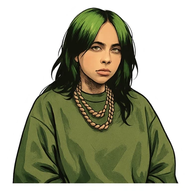 stylized portrait of Billie Eilish with green hair, oversized clothing, moody expression, pop star vibe sticker