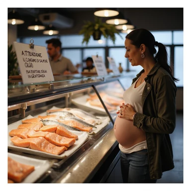 realistic pregnant woman in 4K approaching the fish counter in a modern fish market, notices the sign with the text: “Attenzione, il consumo di salmone crudo può comportare rischi in gravidanza” and moves away from the salmon. sticker