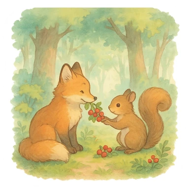 fox and squirrel sharing berries in a forest friendship scene, soft pastel colors, ghibli style sticker
