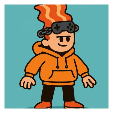 person with bacon hair, very small head, orange hoodie, black trousers, orange shoes, gamer chain around head, vibrant cartoon style sticker
