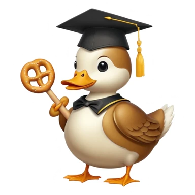 duck wearing bread shaped like a graduation cap and holding a pretzel sticker