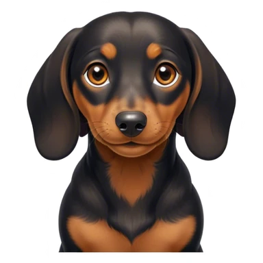 Cinematic Cute black and tan Dachshund Portrait Emoji, Head tilted playfully and inquisitively, featuring a glossy black and tan coat with a sleek sheen, round, sparkling brown eyes filled with curiosity, Simplified yet irresistibly adorable features, highly detailed, glowing with a warm, friendly glow, high shine, affectionate and spirited, stylized with a touch of whimsy, bright and endearing, soft glowing outline, capturing the essence of a mischievous yet loving pup, so playful it feels like it could dash out of the screen and into your arms! sticker