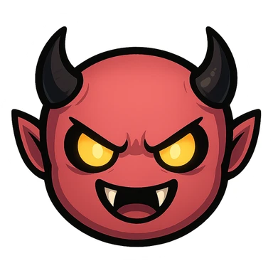 devil emoji in chibi style with pink and black colors, sharp fangs, glowing eyes, dramatic shadows sticker