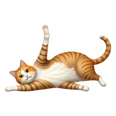 brown tabby and white cat with doing a big extremely long stretch reaching up into the air with arms and legs side by side together straight and overextended whilst lying on its side sticker