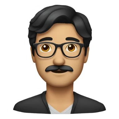 a shoulder length black-haired man, using glasses, with mustache sticker