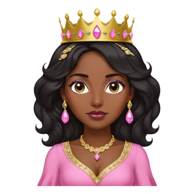 Crown dark black women with long lightly WAVY hair pink dress pink crown facing forward black hair middle age adult woman gold gems in crown gold earrings  one woman sticker