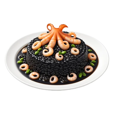 cinematic-realistic-black-risotto-dish-emoji,-showcasing-small squid pieces in black sauce -rendered-with-bold-textures-and-dynamic,-dramatic-lighting. sticker