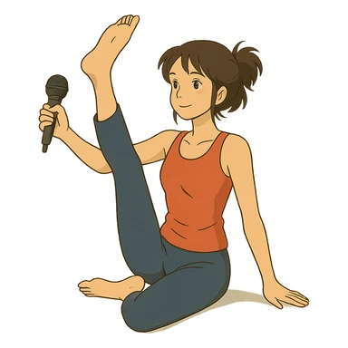 ghibli style illustration of a woman doing yoga with a microphone sticker