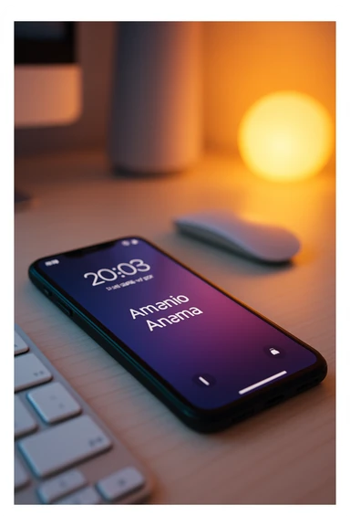 A photo of an iPhone on the desk with the message "Antonio Anania" on its screen, The phone sits atop a desk with a blurred background that suggests work environment. A faint glow from above casts gentle shadows across the surface of each object, creating depth and highlighting their textures sticker