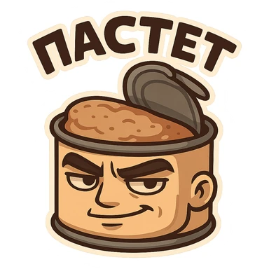 Chibi style open pâté tin can with visible pâté inside, masculine vibe, confident tough expression, half-smile smirk, thick eyebrows, slightly narrowed eyes, calm dominant energy, cartoon but not babyish, strong simple shapes, thick bold outline, muted colors (beige, brown, dark gray), flat illustration, no background, Twitch emote style, readable at small size, text on top saying "ПАСТЕТ" in bold strong Cyrillic letters sticker