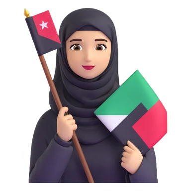 a hijab-wearing girl wearing the Palestinian keffiyeh and holding the Oman flag sticker