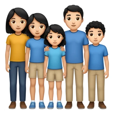 Hispanic family of five standing together, mom with long straight hair, dad with short curly hair, two boys with matching short hair, one girl with long straight hair, no raised hands, transparent background sticker