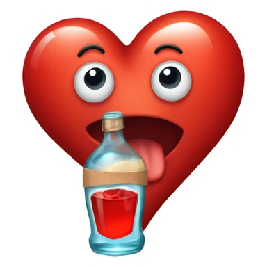 A red heart ❤️ with eyes, a mouth, and hands, looking drunk and tipsy, holding a bottle of drink, with a wobbly and goofy expression sticker