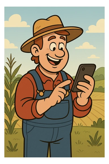 A cheerful farmer in overalls using a smartphone, standing in a field, cartoon style. sticker