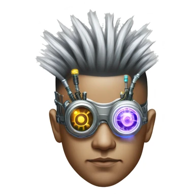 Mohawk hair Asian male cyborg head with neon silver steampunk goggles and circuits sticker