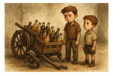 Bir g'ildiragi singan ichimliklar ortilgan arava uning yonida aka uka bir biriga havotirli nigoh bilan qarab turibdi  sticker