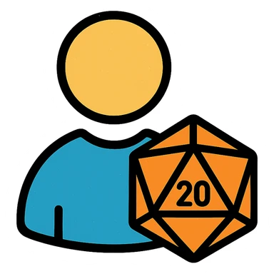 minimalist gray icon of a player silhouette with a D20 dice, worn distressed look sticker