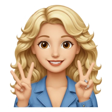 Luxury blonde model, brown eyes, wavy hair, peace sign sticker