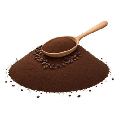 small mound of ground coffee, dark brown, textured, loose grains at base, tiny wooden spoon partially placed in, clean minimal 3D, soft shadows and lighting, realistic but stylized, no packaging no cup no beans sticker