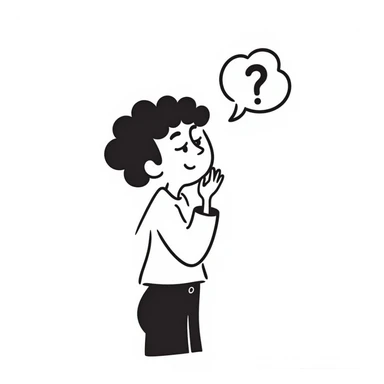 hand-drawn doodle of a person with hand on chin, pondering, thought bubble, minimal style sticker