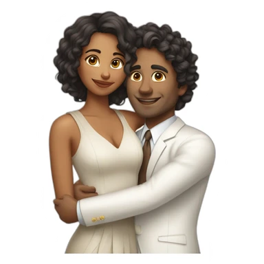 Indian woman with medium curly hair hugging a tall white man with brown hair in a white suit sticker