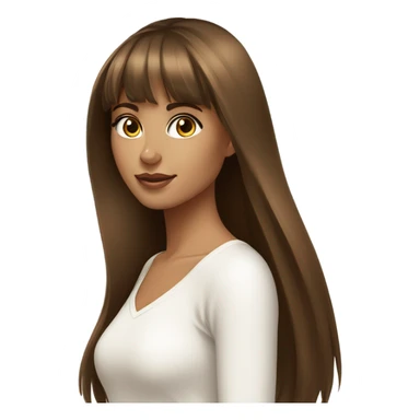 beautiful woman, tan skin, hazel eyes, straight long brown hair, bangs, model, white top sticker