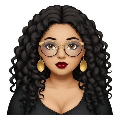 teen big plus size, latina, darker tan skin, gold earrings, long black curly hair, baddie,pretty, makeup, dark red lipgloss, black eyeliner, long hair, black top, black glasses sticker