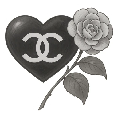 Chanel heart, dreamy, black and white, with a camellia flower sticker
