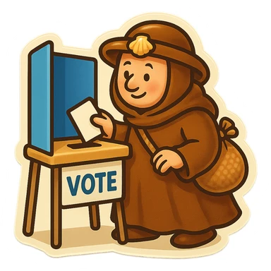 medieval pilgrim at a voting booth, brown cloak, cute and funny, sticker style sticker
