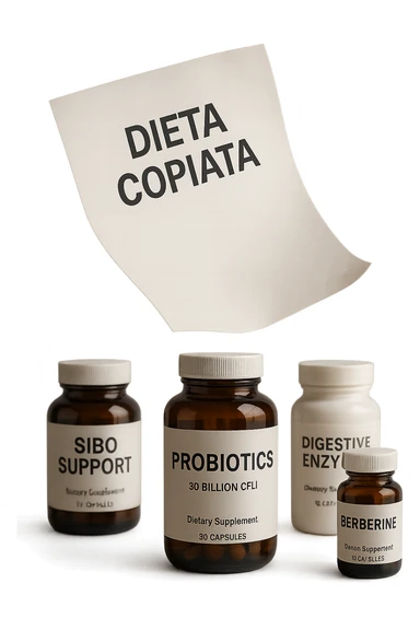 FOGLIO DI CARTA FLUTTUA IN ARIA CON LA SCRITTA "DIETA COPIATA", INSIEME A BARATTOLI DI INTEGRATORI PER CURARE IL SIBO, IPERREALISTICO 4K, NON DISEGNATO sticker