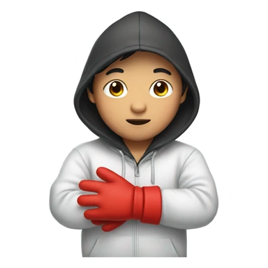 Asian Boy wearing red gloves on hands and a hoodie sticker