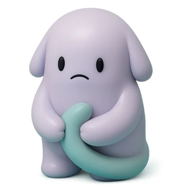 small monster with drooping shoulders, holding its own tail, gentle lighting, subtle colors, toy-like vinyl figure style sticker