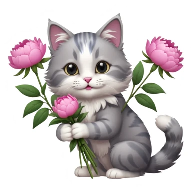 Cute cat Handing pink peonies like reaching a hand and handing them out a bouquet of them not a physical hand the cats hand  make the cat fluffy and grey and white fluffier fluffier  sticker