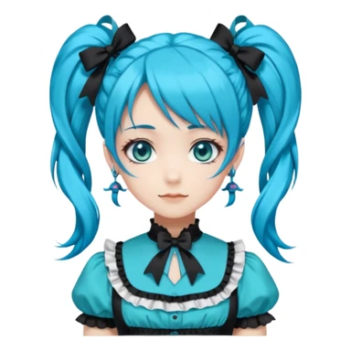 anime-style female character with bright turquoise hair styled in twin tails and matching blue eyes. Her outfit is a frilly turquoise and black dress in a Lolita-esque style, heavily contrasted with black ribbons and trim. A key detail is the"AWP" logo printed in black on the chest. happy variant sticker