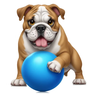 English bulldog playing with big blue ball sticker