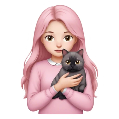 
girl with light brown long hair, grey eyes and fair skin in pink pastel clothes holds a black British cat in her arms sticker
