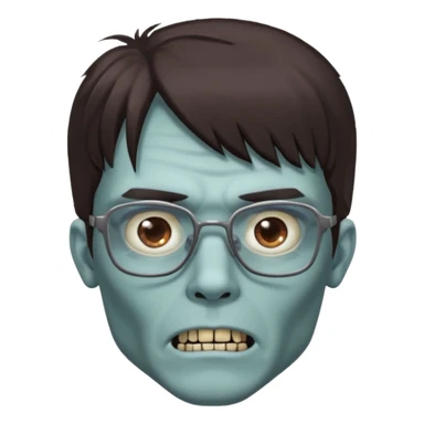 an emoji of a male zombie with dark brown hair and bangs that cover your entire forehead and extend to your eyebrows, wearing square, bluish glasses. sticker