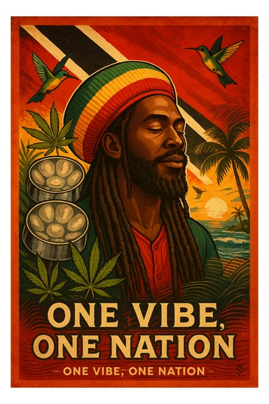 Create a vibrant digital illustration in vintage poster style featuring a proud Trinidadian Rasta man with long dreadlocks and a bold red, gold, and green tam. The background should incorporate the Trinidad and Tobago flag in a stylized, textured way — using deep red, black, and white tones that blend with tropical elements. Surround the figure with iconic cultural symbols like steelpan drums, ganja leaves, and hummingbirds in flight. Add warm Caribbean sunlight, ocean waves, and lush greenery to enhance the island energy. The Rasta man should radiate peace, power, and island wisdom — with bold facial features, calm expression, and a sense of spiritual presence. The overall tone should be rootsy, regal, and rich with island soul — merging reggae culture with Trinidadian pride. Optional accents: subtle soca rhythm lines in the background or a quote like “One Vibe, One Nation.” sticker