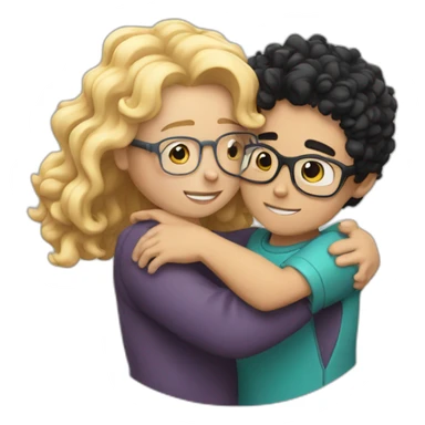 boy with curly blonde hair and glasses hugging girl with black hair and glasses sticker