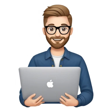 smiling hipster man with MacBook with glasses sticker
