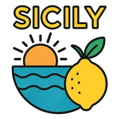 Sicily logo with Mediterranean vibes, sun, sea, and lemon elements, fresh and inviting sticker