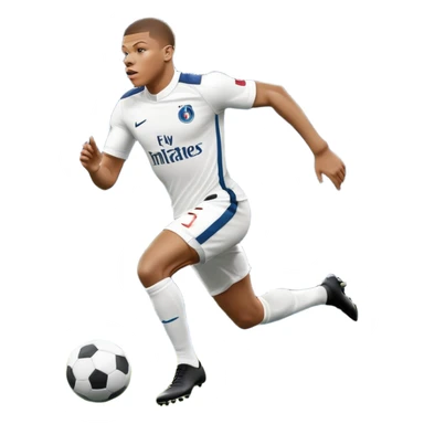 An icon showing Kylian Mbappé running with the ball on a football field during a match. The design captures his speed and focus, with dynamic motion lines and a vibrant background of the field and stadium lights. Transparent background emphasizes the action. sticker