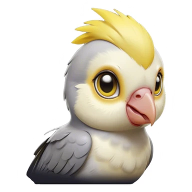 Cinematic Cute Cockatiel Portrait Emoji, Head tilted playfully and inquisitively, featuring a smooth grey fur with bright yellow accents and a perky crest, round, sparkling dark eyes filled with curiosity, Simplified yet irresistibly adorable features, highly detailed, glowing with a warm, friendly glow, high shine, affectionate and lively, stylized with a touch of whimsy, bright and endearing, soft glowing outline, capturing the essence of a mischievous yet loving cockatiel, so playful it feels like it could chirp out of the screen and into your arms! sticker